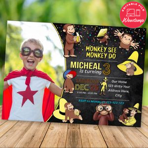 Editable Curious George Birthday Invitations With Photo Instant Download