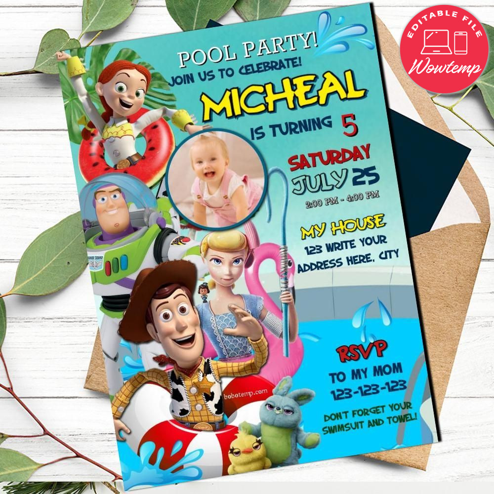 Printed - Editable Toy Story 4 Pool Party Invitation With Photo (envelopes included)