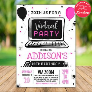 Printable Quarantine Zoom Birthday Party Invitation for Girl Instant Download