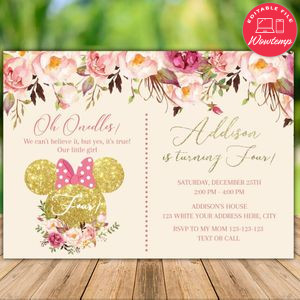 Printable Minnie Mouse Pink Gold Glitter 4th Birthday Flyer Instant Download