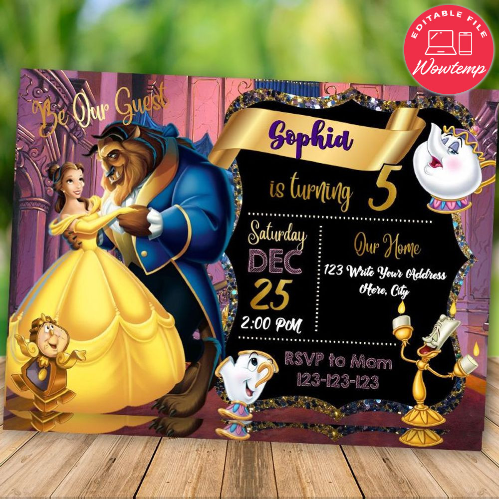 Editable Beauty And Beast Birthday Flyer Pink And Gold Instant Download