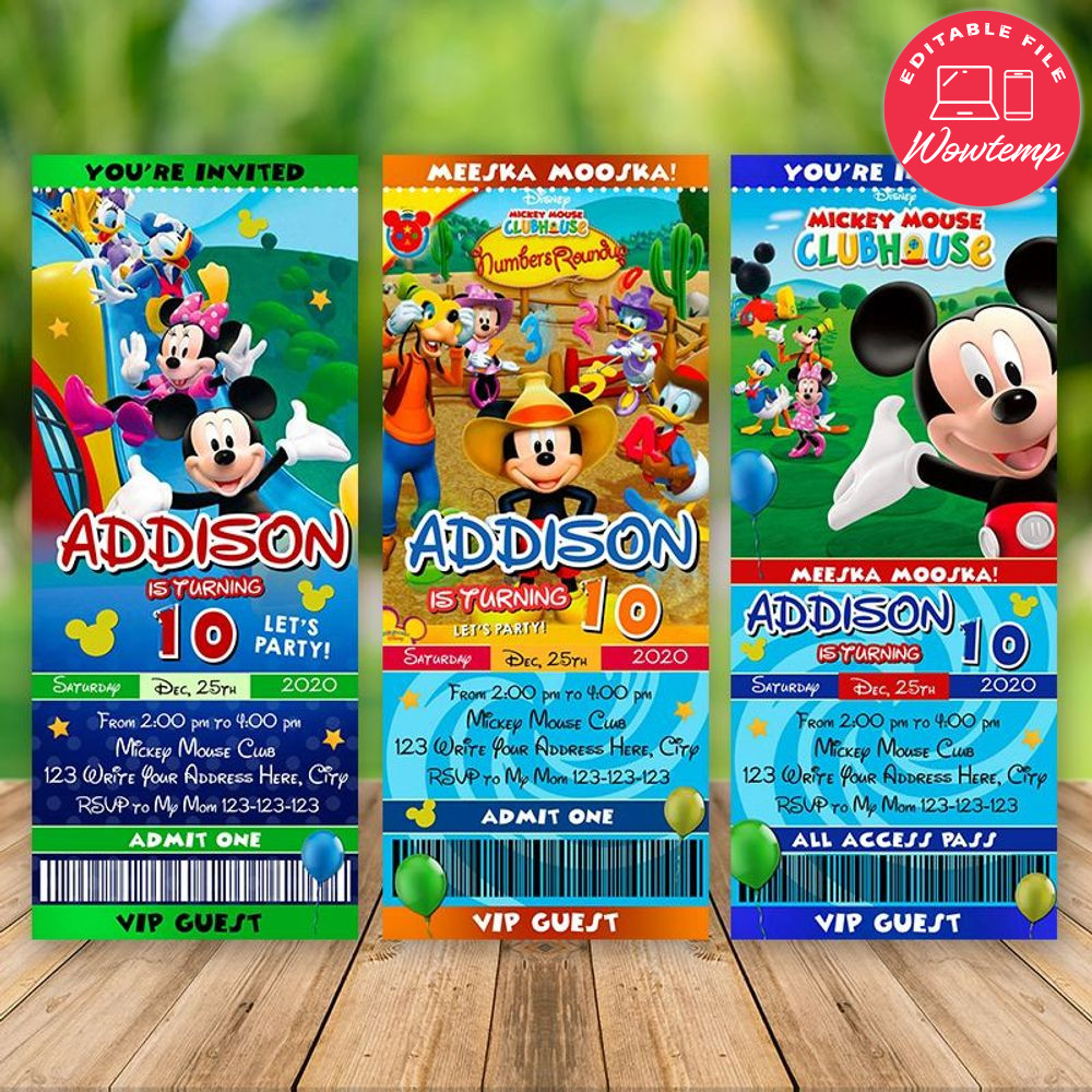 Printable Minnie Mouse Clubhouse Birthday Ticket Invitations Instant Download