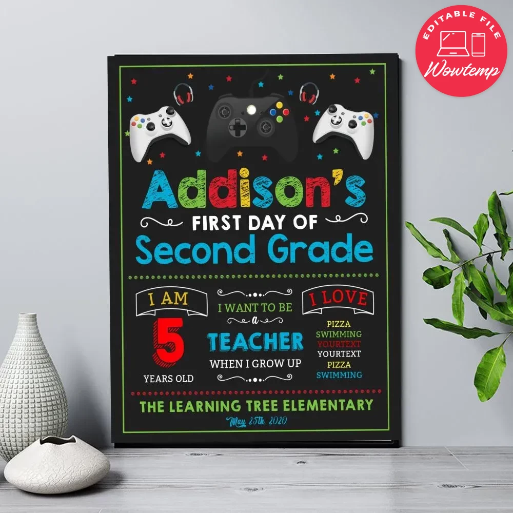 Video Game First Day of Second Grade Chalkboard Sign Printable | Wowtemp