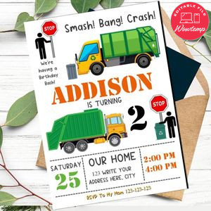 Trash Truck Invitation Template to Print at Home Instant Download