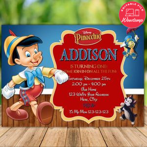 Printable Pinocchio Birthday Invitation Instant Download