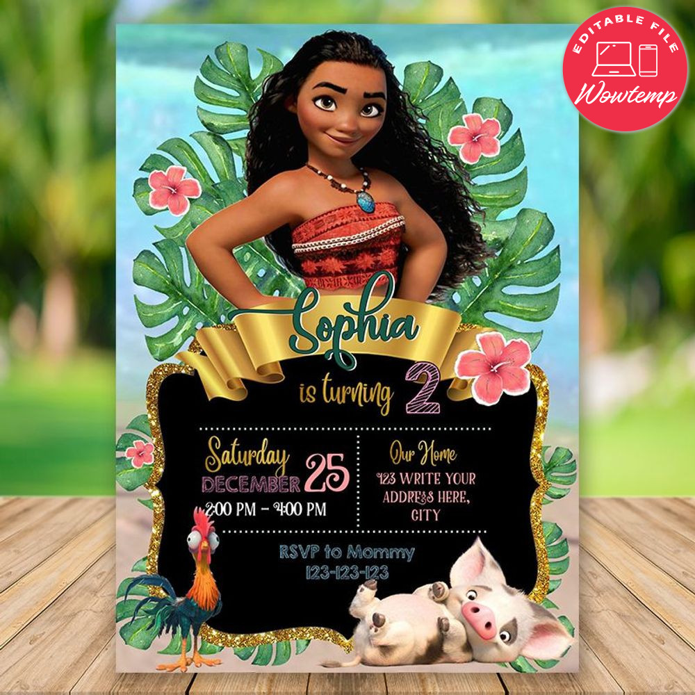 Editable Disney Princess Girl Moana Birthday Flyer Digital File