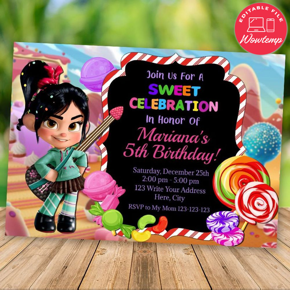 Printed - Editable Wreck It Ralph Vanellope Birthday Party Invitation (envelopes included)