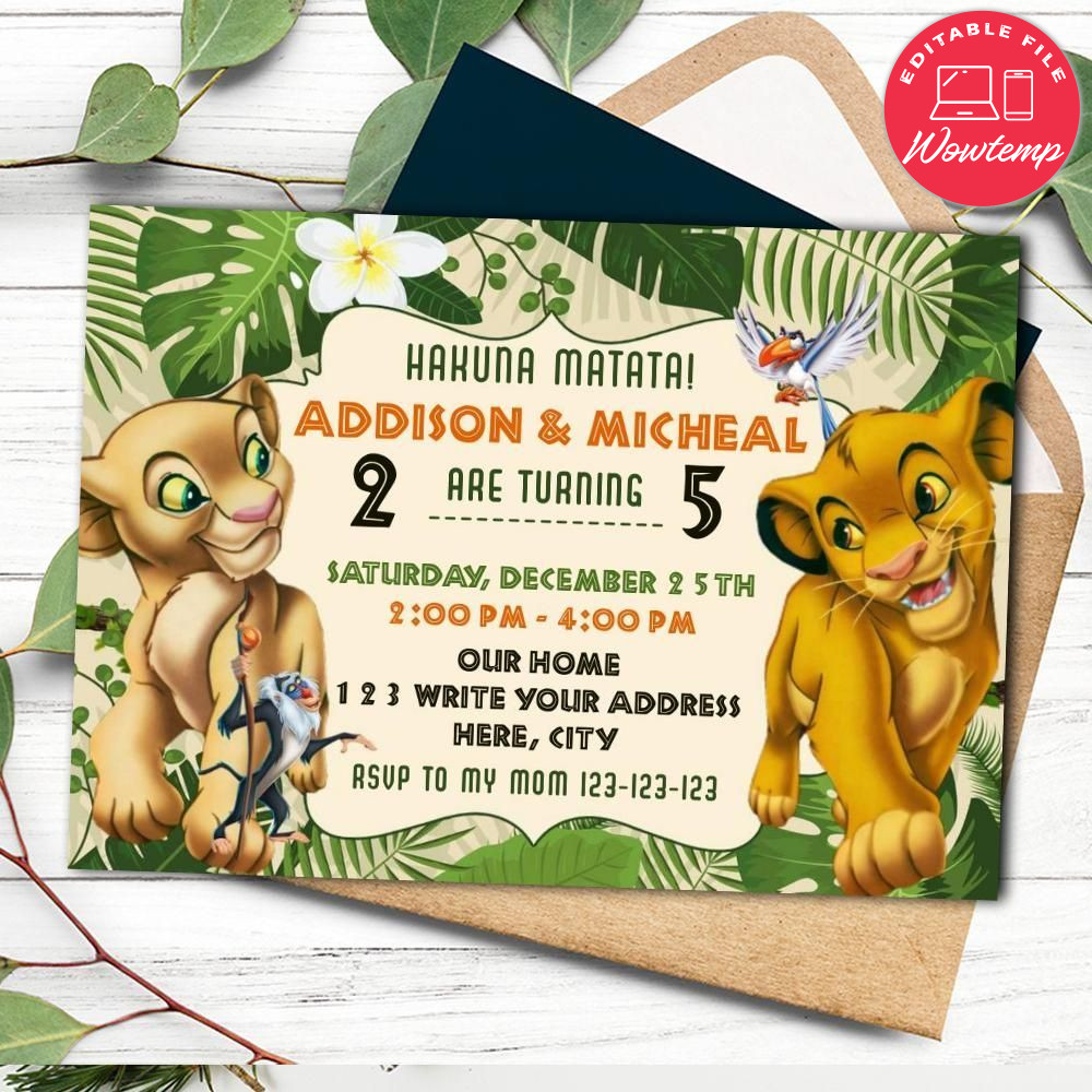 Nala and Simba Lion Twins Birthday Flyer Printable Instant Download