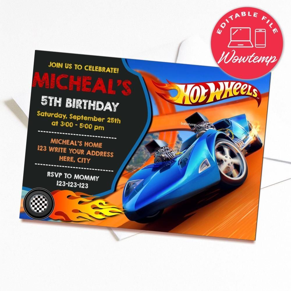 Printed - Editable Hot Wheels Birthday Invitations (envelopes included)
