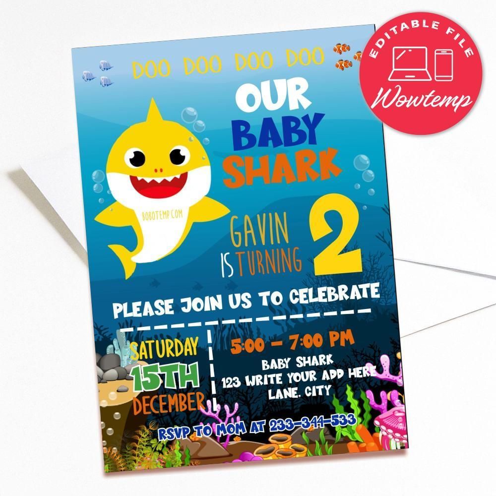 Printed - Baby Shark Birthday Invitation Girl or Boy (envelopes included)