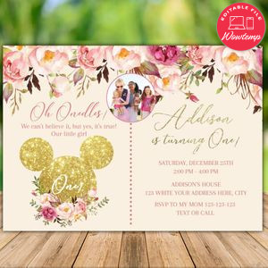 Printable Mickey Mouse Pink Gold Glitter Birthday Flyer With Photo Instant Download