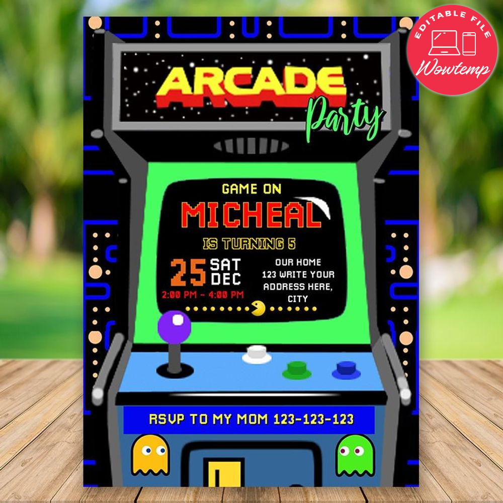 Editable Retro Arcade Birthday Flyer Instant Download