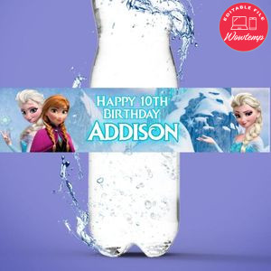 Frozen Elsa and Anna Birthday Water Bottle Label Template to Print at Home Instant Download