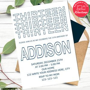 Boy Teenage Party Invitation Customizable Template Instant Download