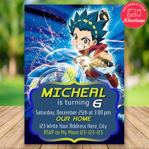 Editable Beyblade Burst Invitation and Free Thank You Tag Instant Download
