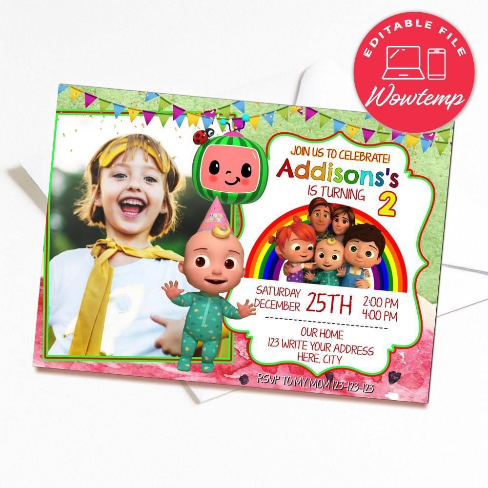 Printed - Editable Cocomelon Little Baby Birthday Invitation With Photo (envelopes included)