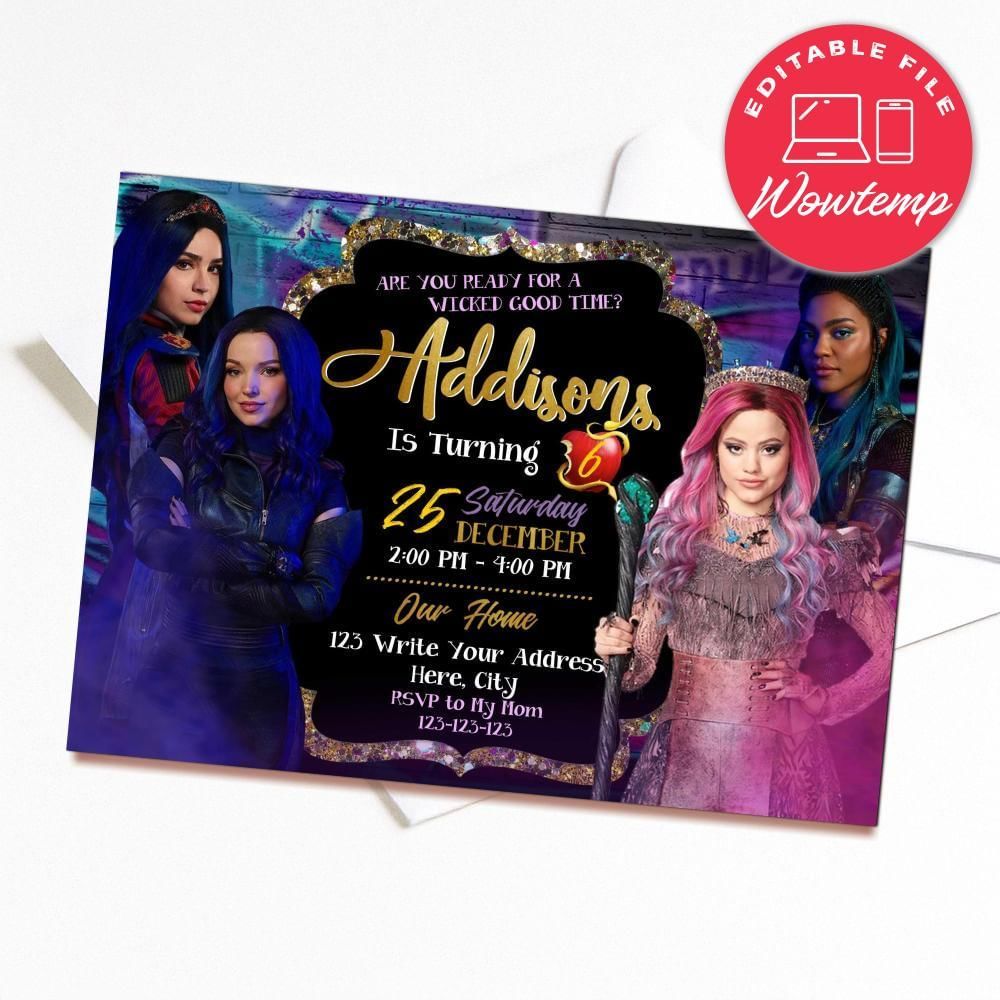 Printed - Editable Descendants 3 Party Invites For Girl and Free Thank You Card (envelopes included)