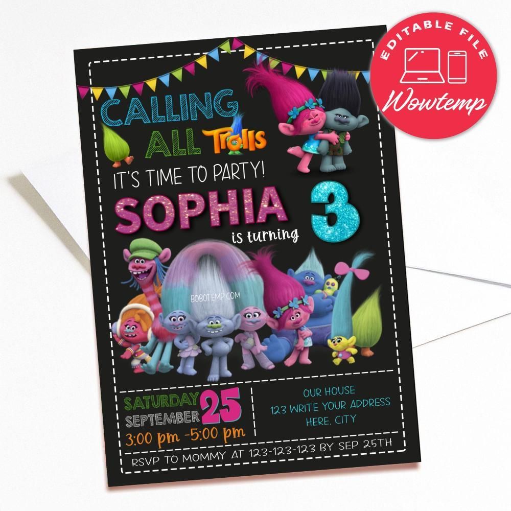 Printed - Trolls Birthday Invitation and Thank You Card Printable (envelopes included)