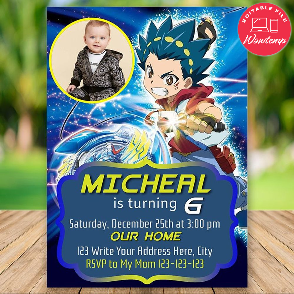 Printed - Editable Beyblade Burst Invitation With Photo and Free Thank You Tag (envelopes included)