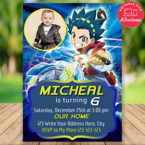 Editable Beyblade Burst Invitation With Photo and Free Thank You Tag Instant Download