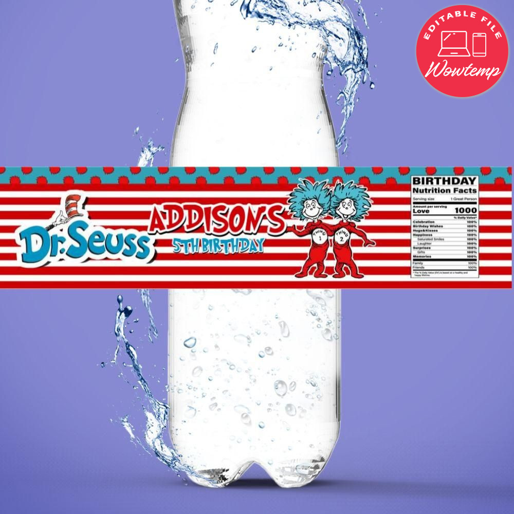 Thing 1 and thing 2 Birthday Water Bottle Label Template DIY | Wowtemp