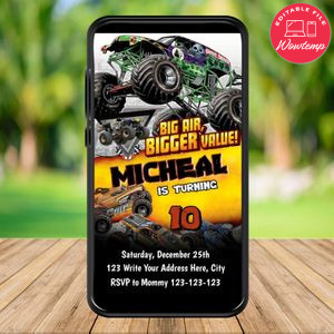 Mobile Monster Truck Birthday Electronic Invite Invitation Instant Download