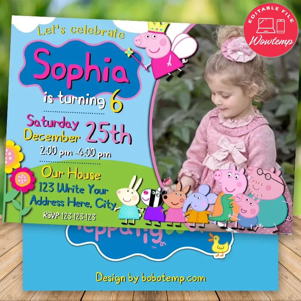 Editable Peppa Pig Birthday Invitation with Photo Digital File Wowtemp