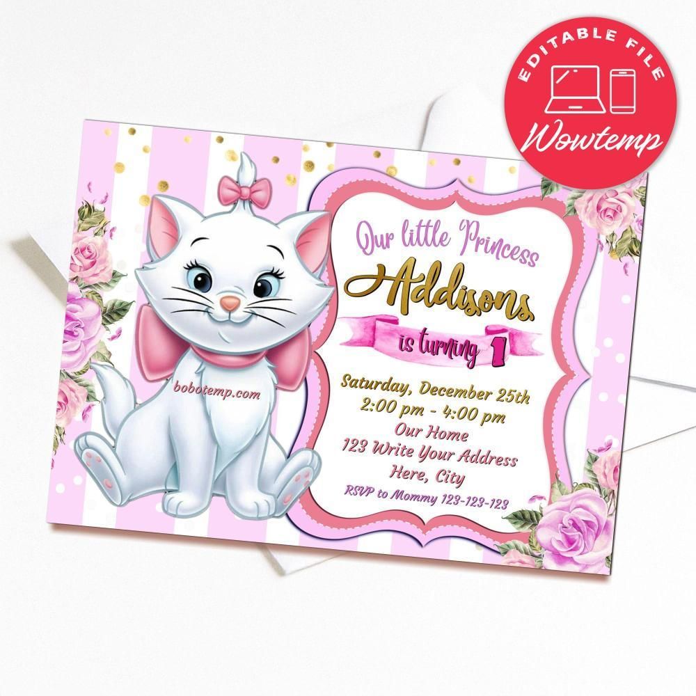 Printed - Editable Aristocats Marie Invitation and Free Thank You Card (envelopes included)