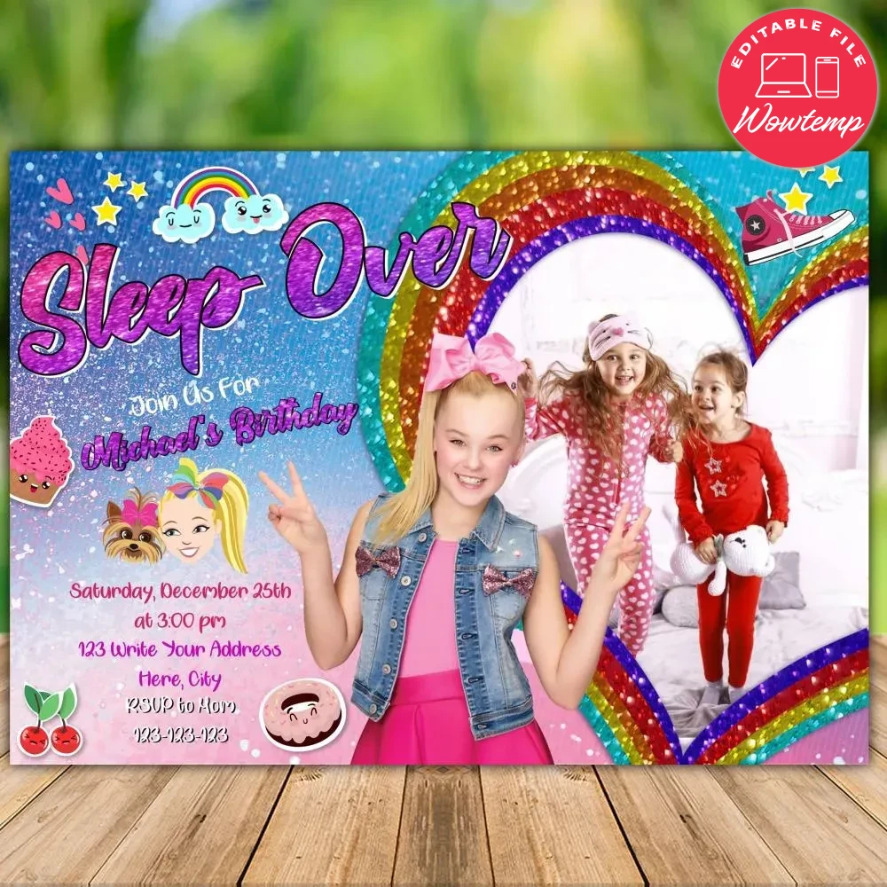 Printable Jojo Siwa Sleepover Party Invitation With Photo DIY | Wowtemp
