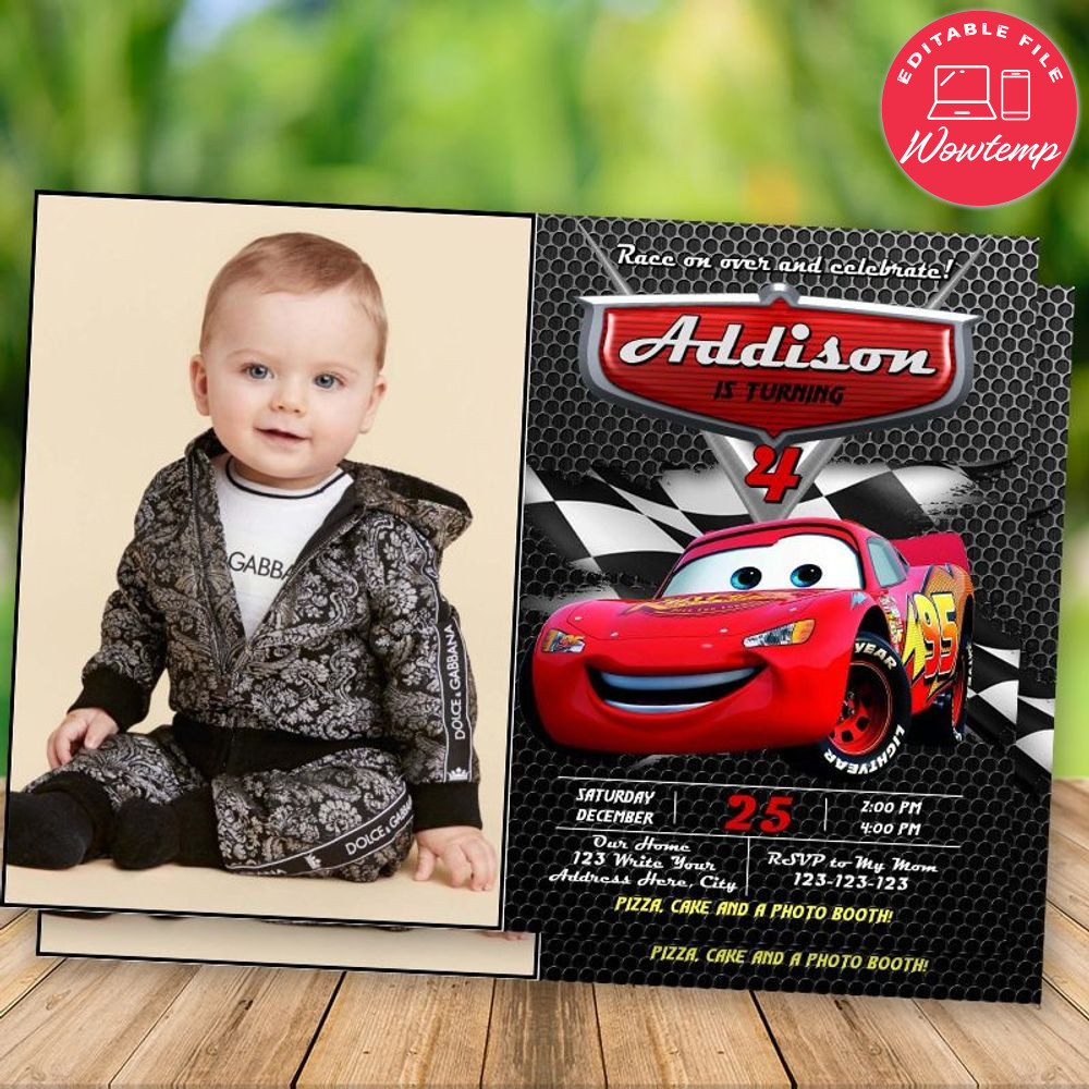 Printed - Editable Disney Cars 3 Birthday Invitation With Photo (envelopes included)
