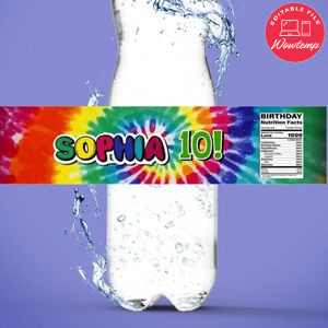 Tie Dye Birthday Water Bottle Label Template to Print at Home Instant Download