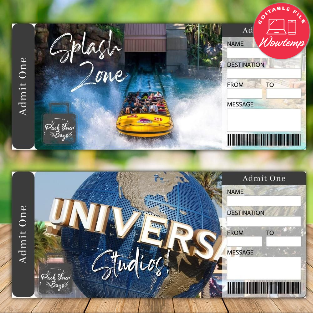 Editable UNIVERSAL STUDIOS Surprise Trip Tickets Instant Download