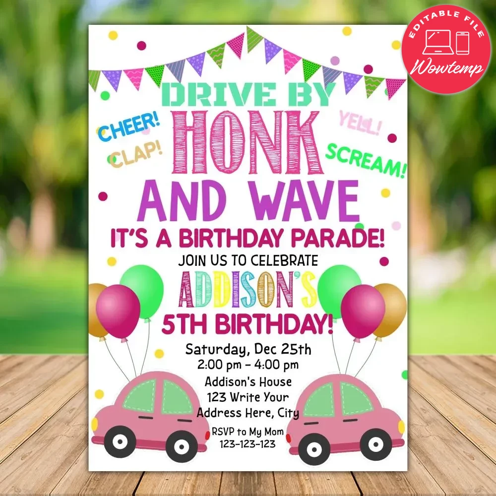 Customizable Drive By Car Parade Invitation Template for Girl DIY | Wowtemp