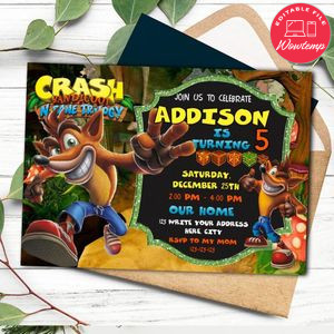 Crash Bandicoot Invitation Template to Print at Home Instant Download