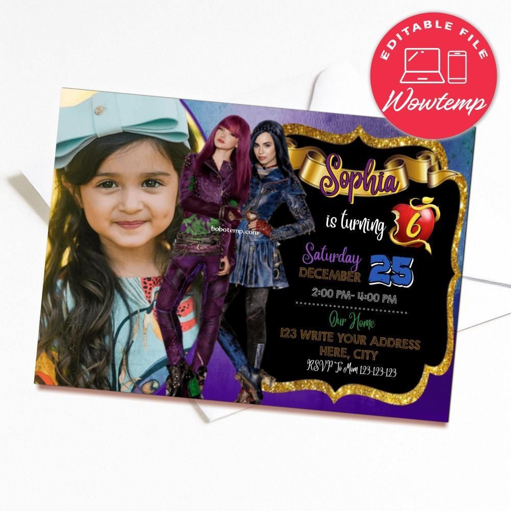 Printed - Editable Girl Descendants With Photo Birthday Party Invitation and Free Thank You Card (envelopes included)
