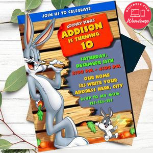 Bugs bunny Invitation Template to Print at Home Instant Download