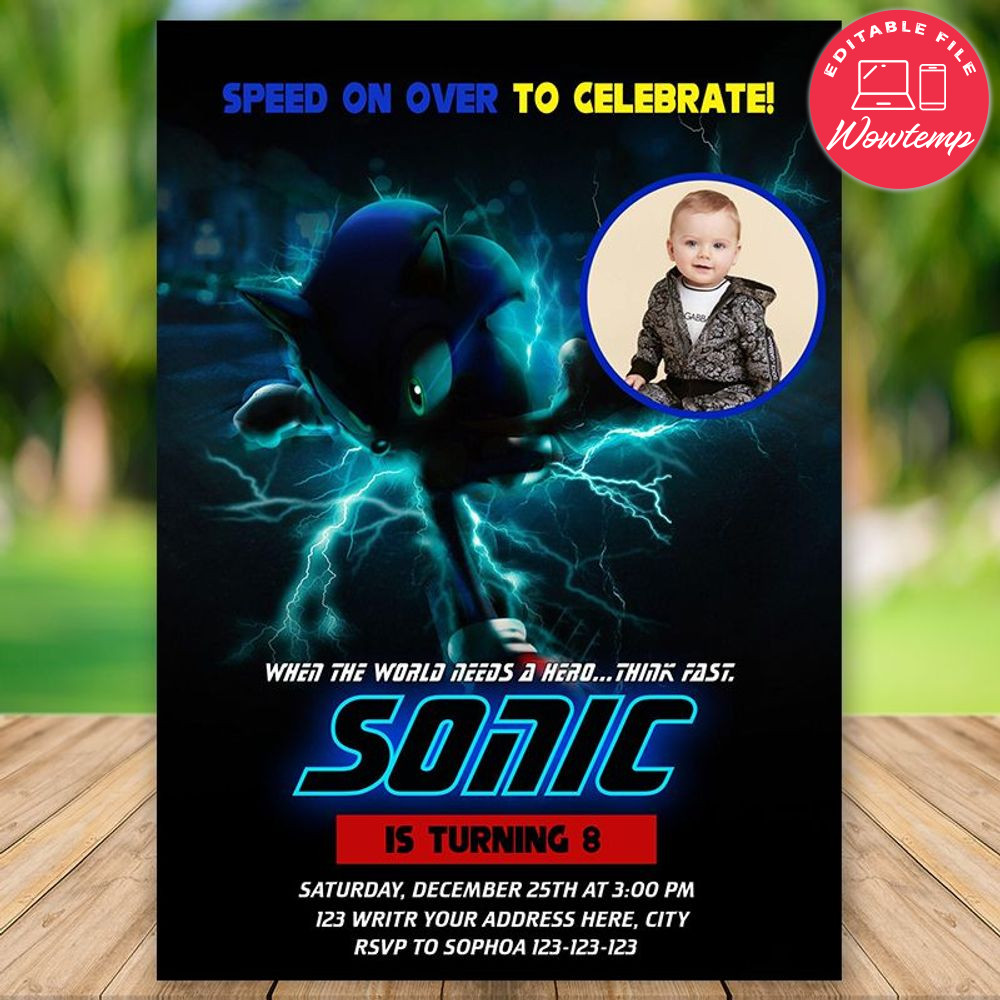 Printed - Editable Speed On Over Sonic Invitation With Photo (envelopes included)