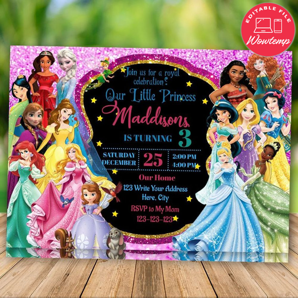 Printed - Editable Disney Princess Party Invitation Print at Home (envelopes included)