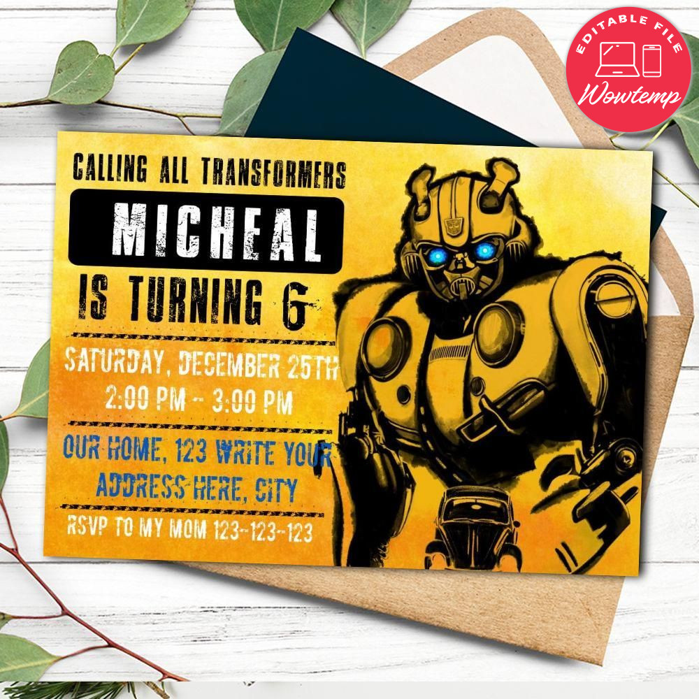 Printed - Editable Bumblebee Invitation - Transformers Invitation (envelopes included)