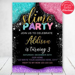Editable Pink Purple Glitter Slime Bithday Invitation Instant Download