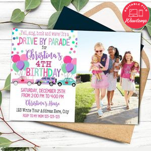 Printable Pink Car Parade Birthday Invitation with Photo Instant Download