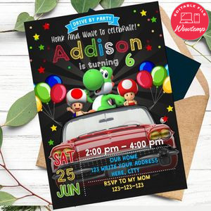 Super Mario Yoshi Drive By Birthday Parade Invitation Printable Instant Download