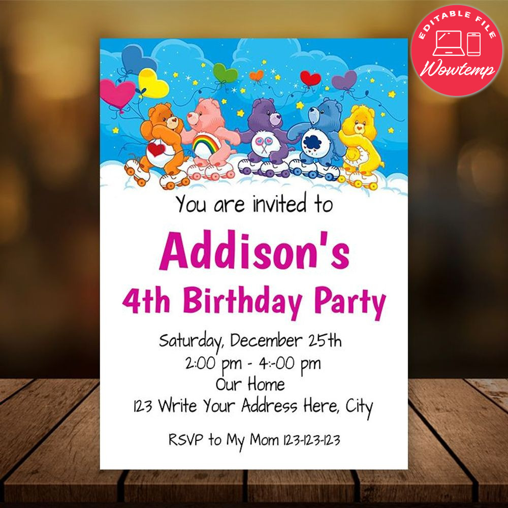 Printed - Editable Care Bears Birthday Invitations (envelopes included)