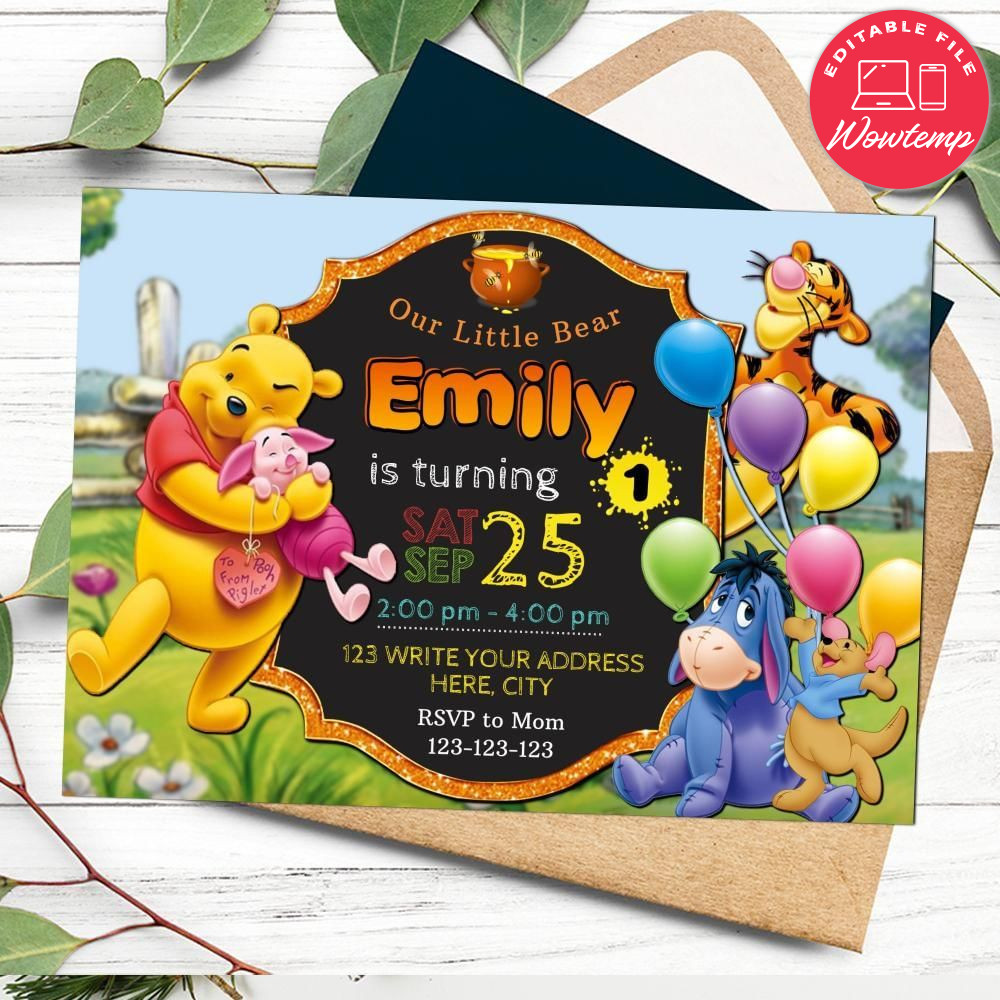 Editable Winnie the pooh for 1st birthday Flyer Instant Download