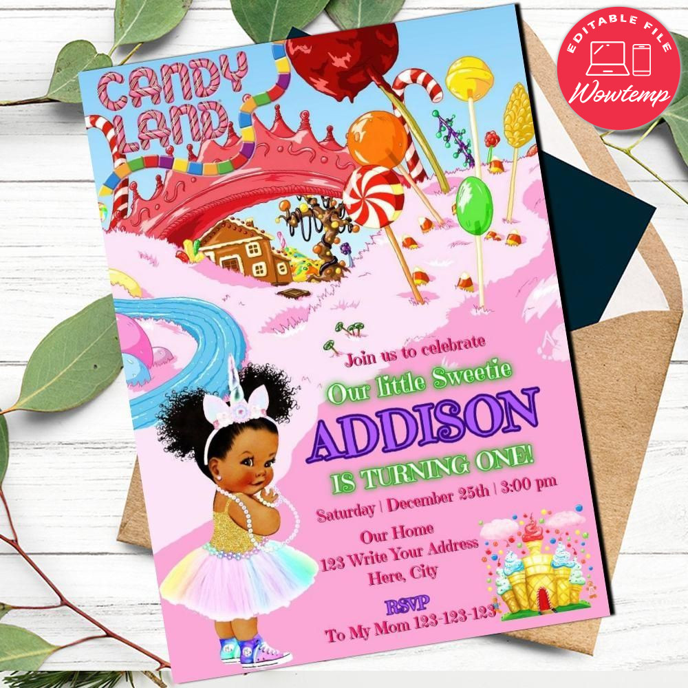 CandyLand Girl African American Birthday Flyer Template to print at home Instant Download