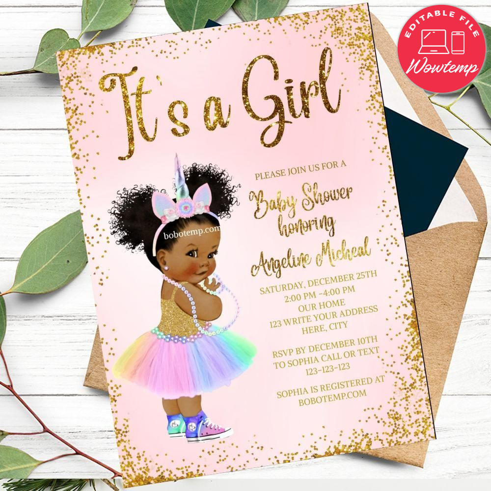 Printed - Editable African American Princess Baby Shower Invitation (envelopes included)