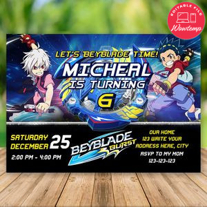 Editable Beyblade Burst Party Invitation and Free Thank You Tag Instant Download