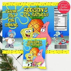 Spongebob Birthday Chip Bag Digital File Printable Instant Download