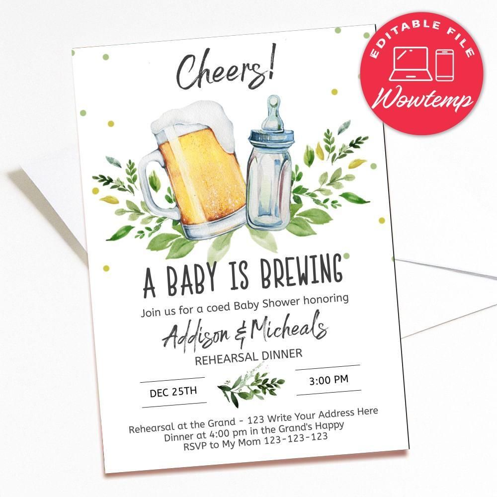 Printed - Editable A Baby is Brewing Baby Shower Invitation (envelopes included)