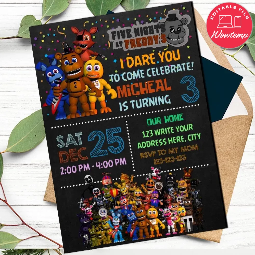 Editable Five Nights at Freddy's Invitation Free Thank You Card | Wowtemp